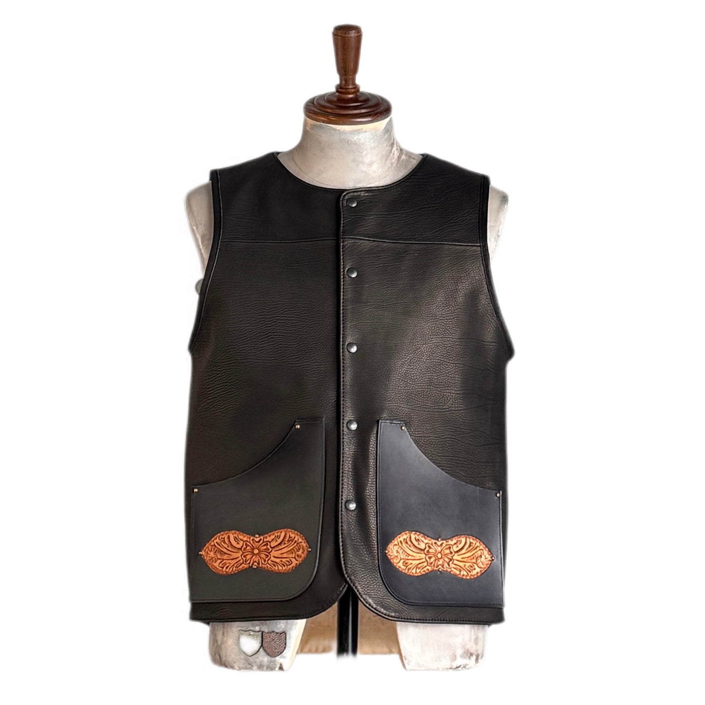VEST "Peanut Flower" 【レザーベスト/ブラック/カーフレザー/バイカラー】
