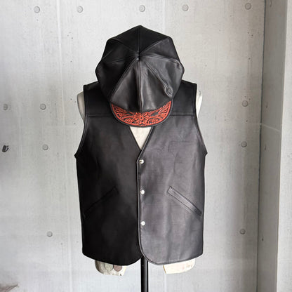 VEST "Peanut Flower"  ”The Ore" Red Jasper【Vネックレザーベスト/ブラック/ステアハイド/レッドジャスパー】