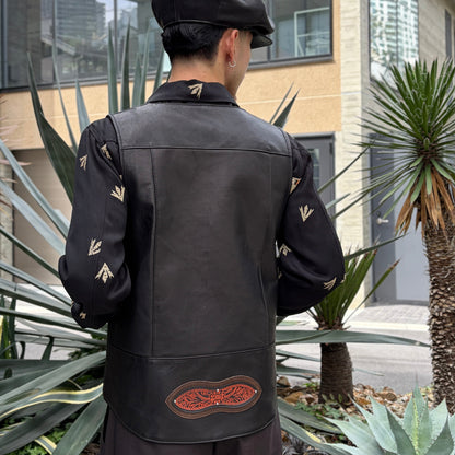 VEST "Peanut Flower"  ”The Ore" Red Jasper【Vネックレザーベスト/ブラック/ステアハイド/レッドジャスパー】