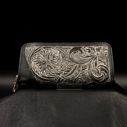 ROUND LONG WALLET “Crest“ Pure Silver【ラウンド長財布/ステアハイド/カービング/シルバー】