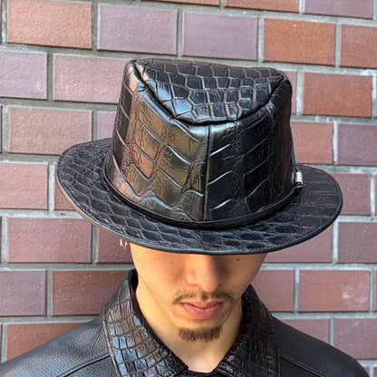 ATSU×SOTOMI CROCODILE POROSUS HAT "Feather" The Ore PLATINUM【レザーハット/ブラック/クロコダイル/ポロサス/カービング/プラチナ】