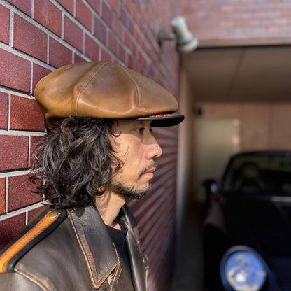 【新色】Casquette "Peanut Flower"【レザーキャスケット/カーキ/カーフレザー/カービング】