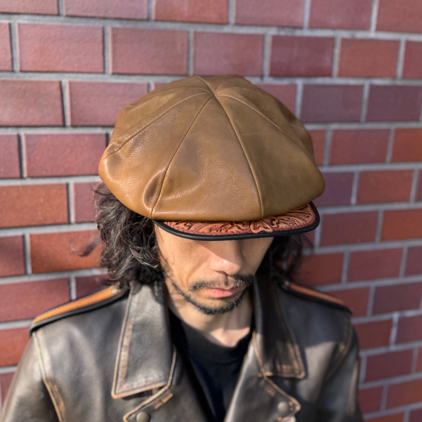 【新色】Casquette "Peanut Flower"【レザーキャスケット/カーキ/カーフレザー/カービング】