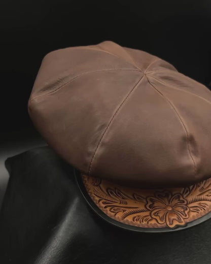 Casquette "Peanut Flower"  Hand Dye Bicolor 【レザーキャスケット/ブラウン/カーフレザー/カービング】