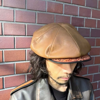 【新色】Casquette "Peanut Flower"【レザーキャスケット/カーキ/カーフレザー/カービング】