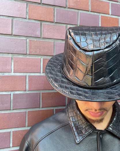 ATSU×SOTOMI CROCODILE POROSUS HAT "Feather" The Ore PLATINUM【レザーハット/ブラック/クロコダイル/ポロサス/カービング/プラチナ】